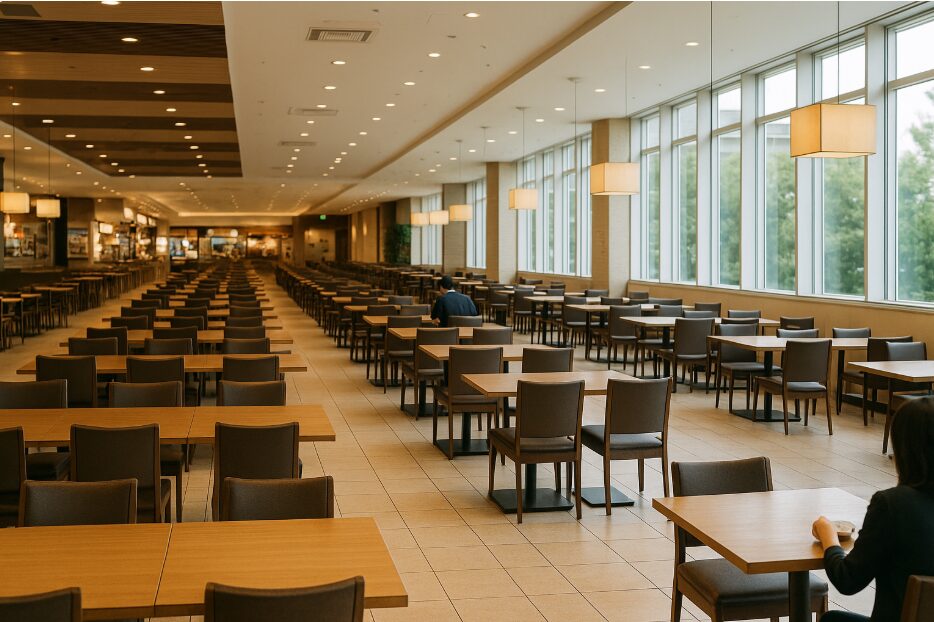 平日の午後3時頃、ランチタイムのピークを過ぎて空席が目立ち、ゆったりと過ごせるフードコート