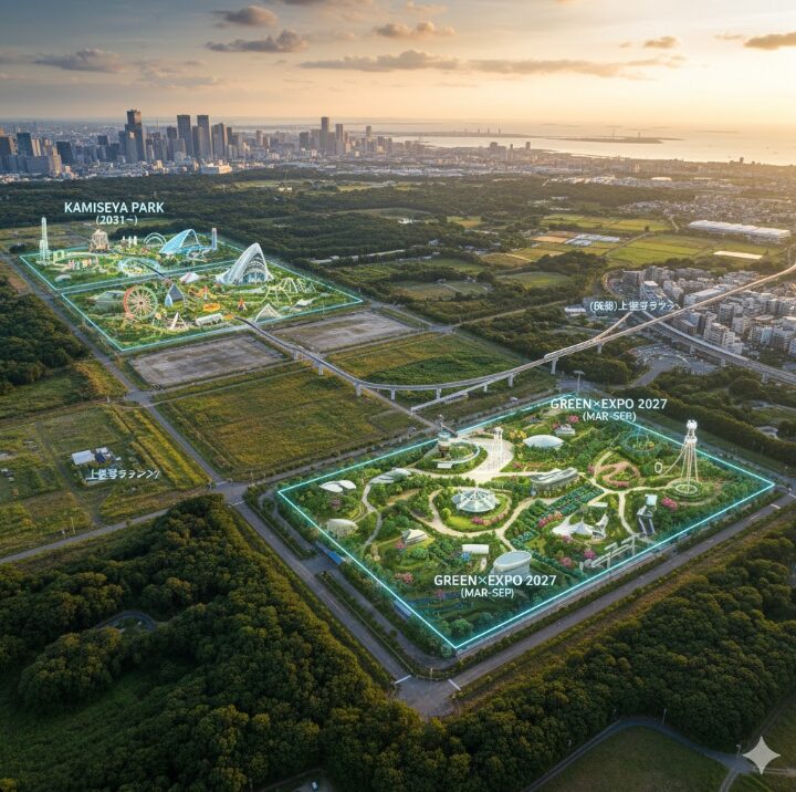 広大な敷地に計画された国際園芸博覧会とテーマパークの全体像を空撮で捉えたイメージ。遠くには横浜の市街地と湾岸線が広がり、夕焼けが空を染めている。