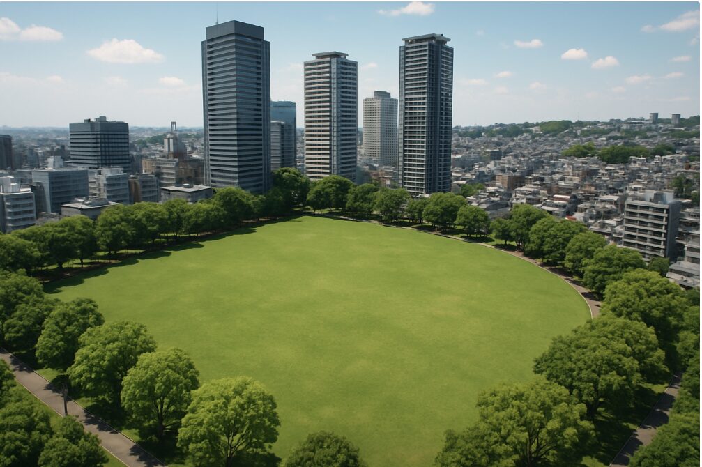 広大な芝生が広がる「新横浜駅前公園」の空撮。周囲には高層ビルや住宅街が広がり、都会のオアシスとなっている様子。