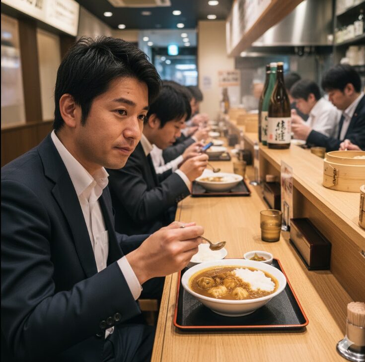 忙しい合間に東京駅のカウンター席でシウマイカリーなどのランチセットをスピーディーに楽しむビジネスパーソン（日本人男性）。