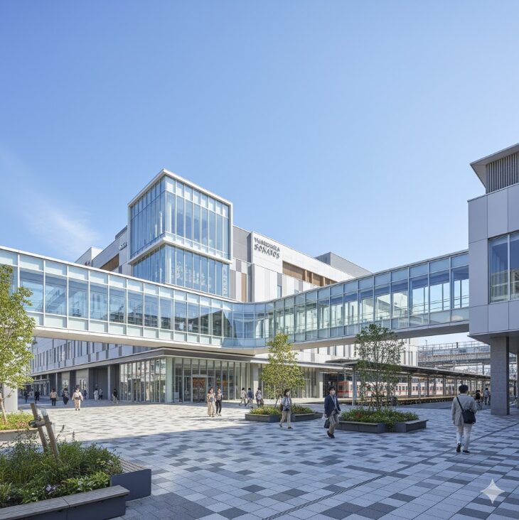 快晴の空の下、ゆめが丘ソラトスのモダンで広々とした外観と駅直結の連絡通路の全景