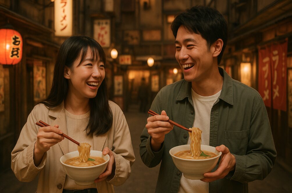 新横浜ラーメン博物館」の昭和レトロな街並みで、ラーメンを食べ歩きながら楽しそうに会話する若いカップル。