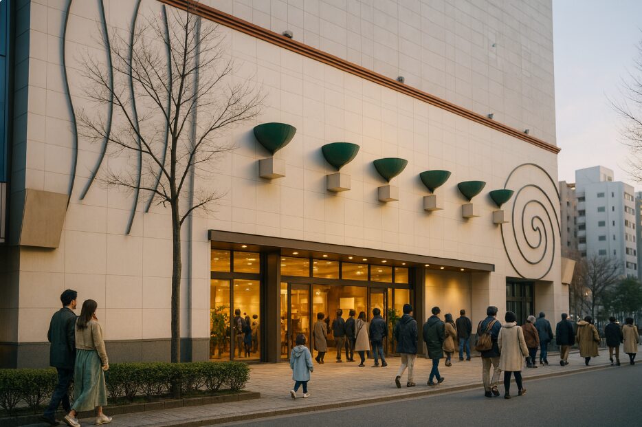 新横浜ラーメン博物館のモダンな外観とエントランスへ向かう来館者の様子