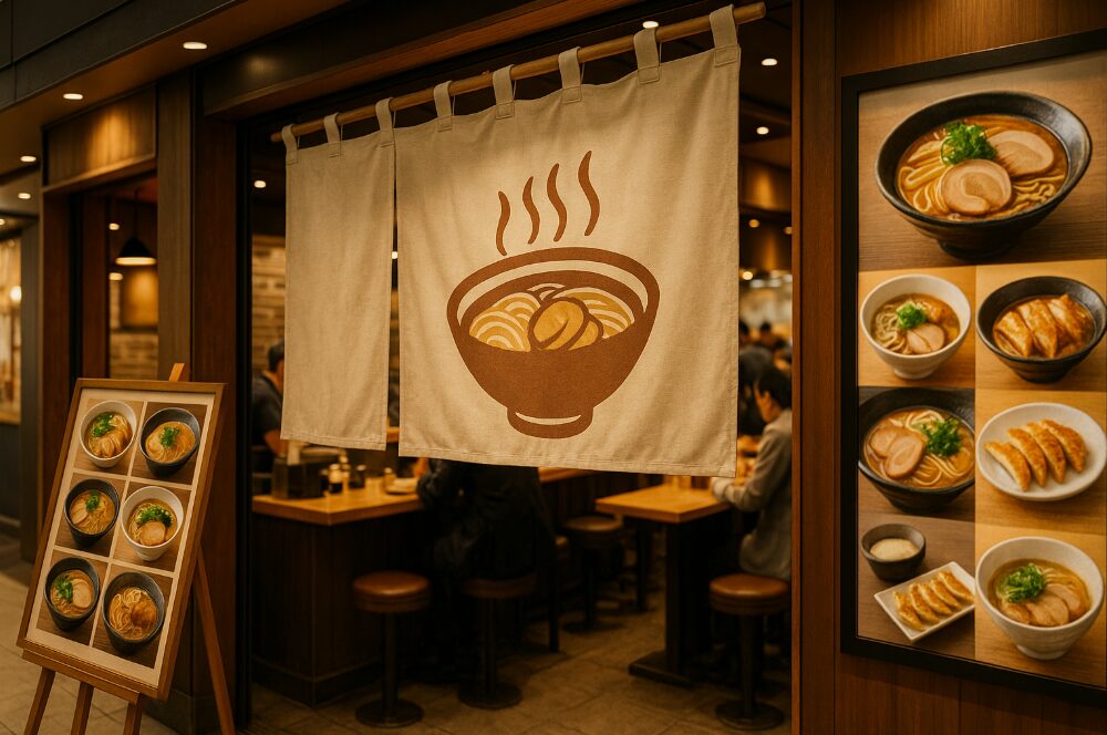 新横浜駅1階の「ぐるめストリート」にある活気あるラーメン店の入り口付近。食欲をそそる暖簾とメニューが並ぶ。