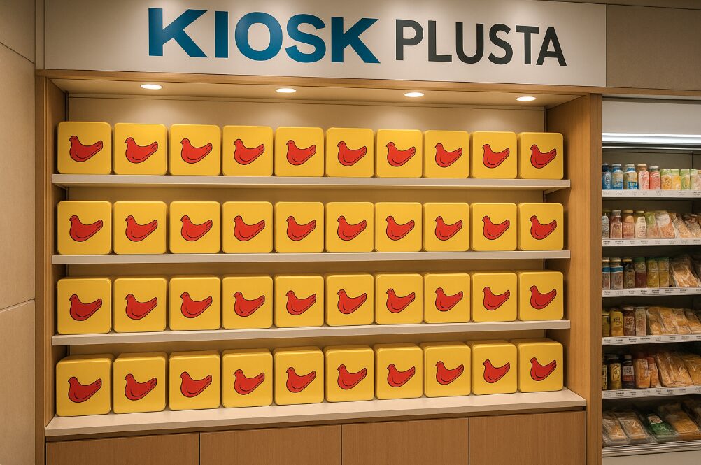 新横浜駅のキヨスク（PLUSTA）の棚に、唯一の取扱商品である特徴的な黄色い缶の「鳩サブレー」が並んでいる様子。