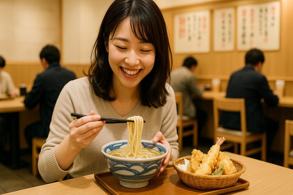 新横浜駅のリーズナブルな飲食店で、うどんや天ぷらを前に笑顔で食事をする若い女性。