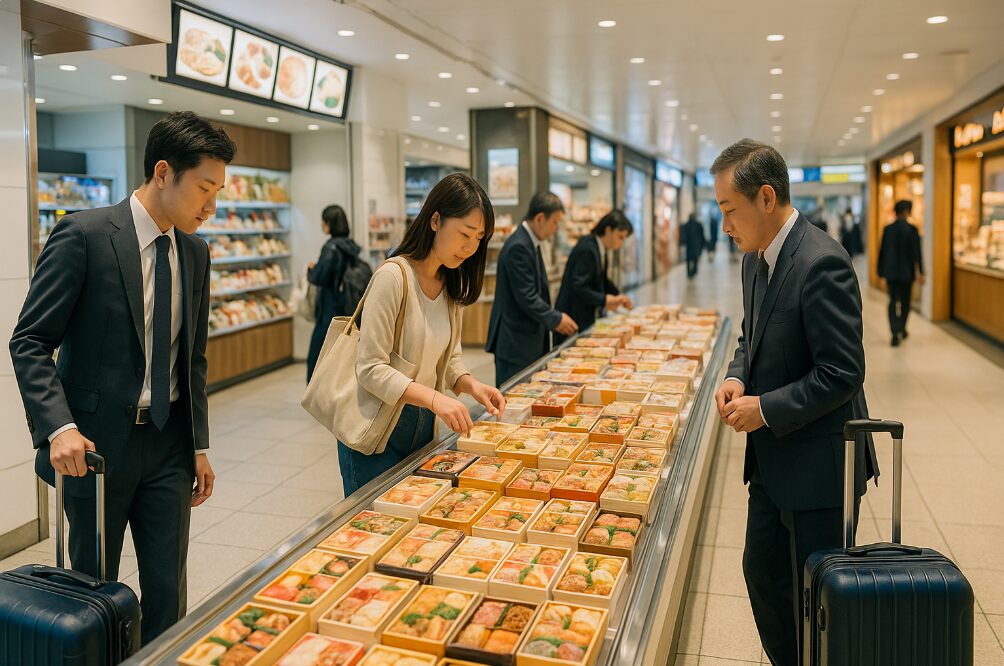 新横浜駅の改札内で、新幹線を待つ乗客が駅弁を選んでいる様子。様々な種類のお弁当が並んだ売店が写っている。