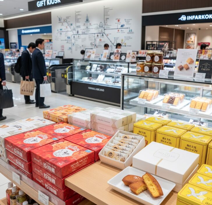 新横浜駅の明るく賑わうお土産売り場に、崎陽軒のシウマイや横浜のスイーツなど様々なお土産が美しく並んでいる様子。