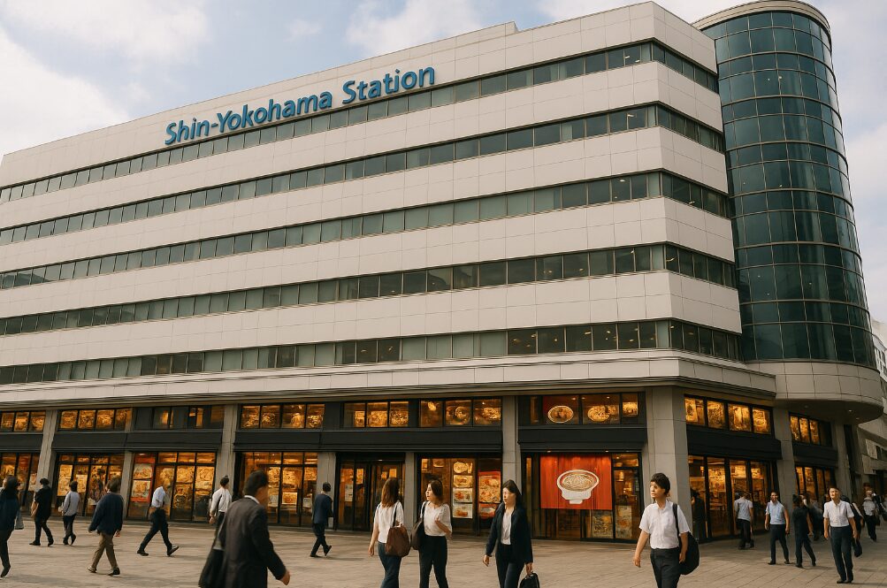 新横浜駅の駅ビル外観。多くの人が行き交い、様々な飲食店があることを示唆する広角ショット。
