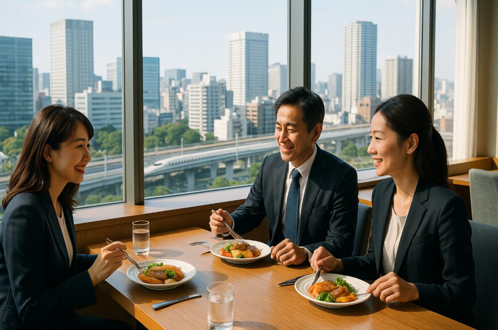 新横浜駅ビル高層階にあるレストランの窓際席から、新横浜の街並みを眺めながらゆったりとランチを楽しむビジネスパーソンたち。