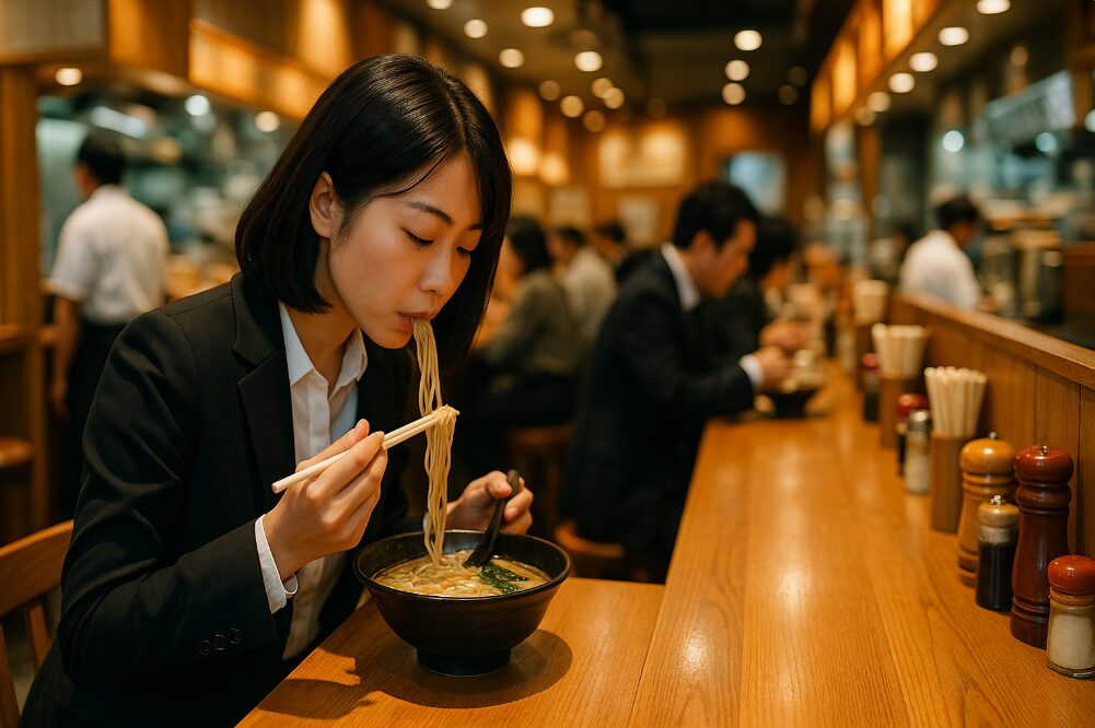 新横浜駅構内のラーメン店で、カウンター席に座り一人でラーメンを食べるビジネスマンの女性。活気がありながらも落ち着いた雰囲気。