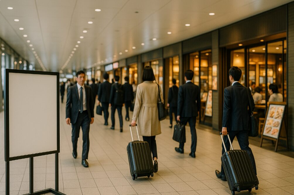 新横浜駅構内の飲食店が並ぶ通路で、忙しそうに行き交うビジネスパーソンや旅行者。手前にはランチメニューの看板が見える。