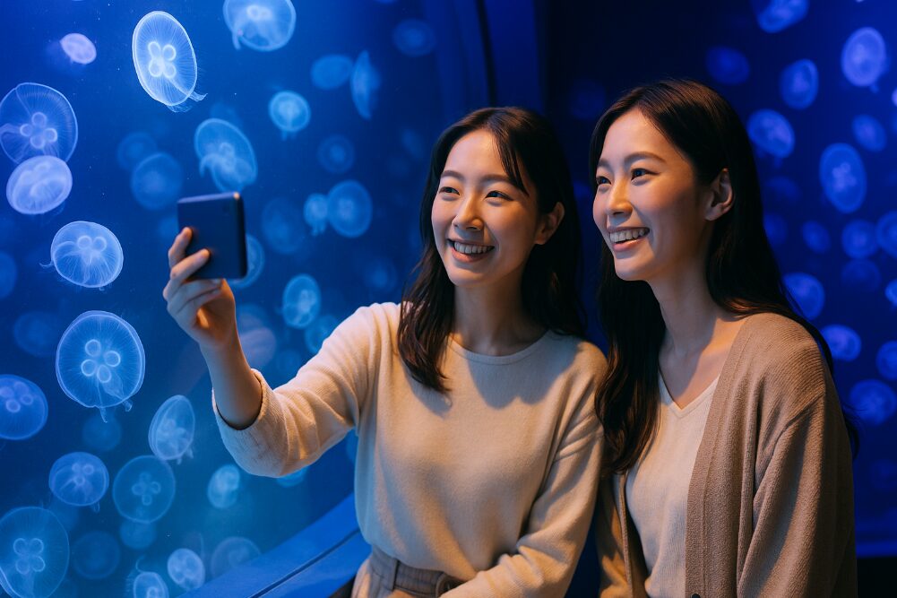 新江ノ島水族館で、幻想的なクラゲの水槽を眺めて癒されている20代から30代の日本人女性たち