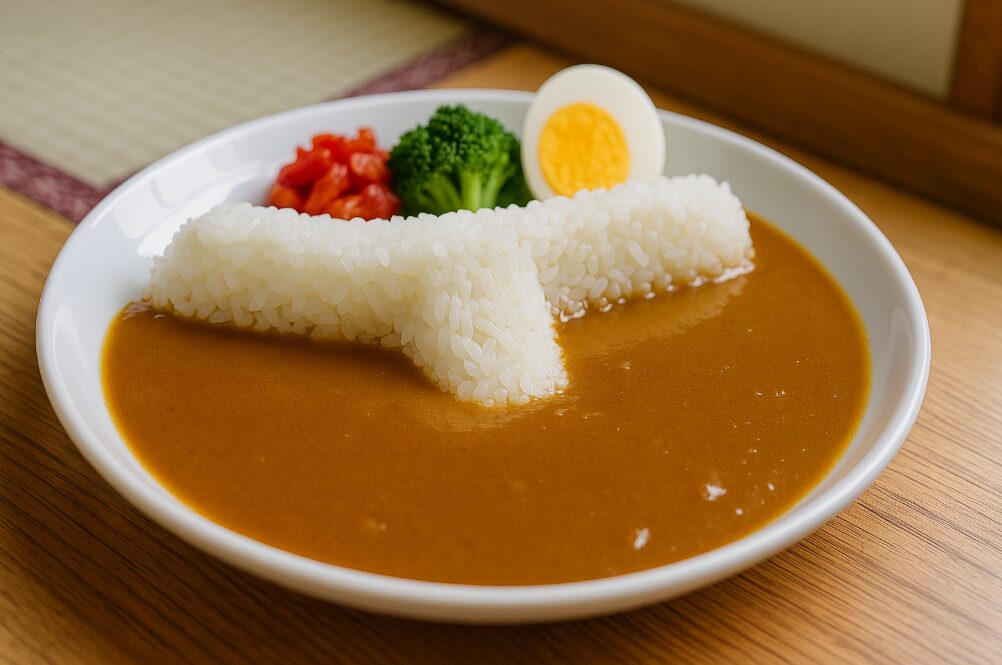 旅館みはるで提供される、ご飯がダムの堤防に見立てられ、ルーが放流されている宮ヶ瀬ダムカレー