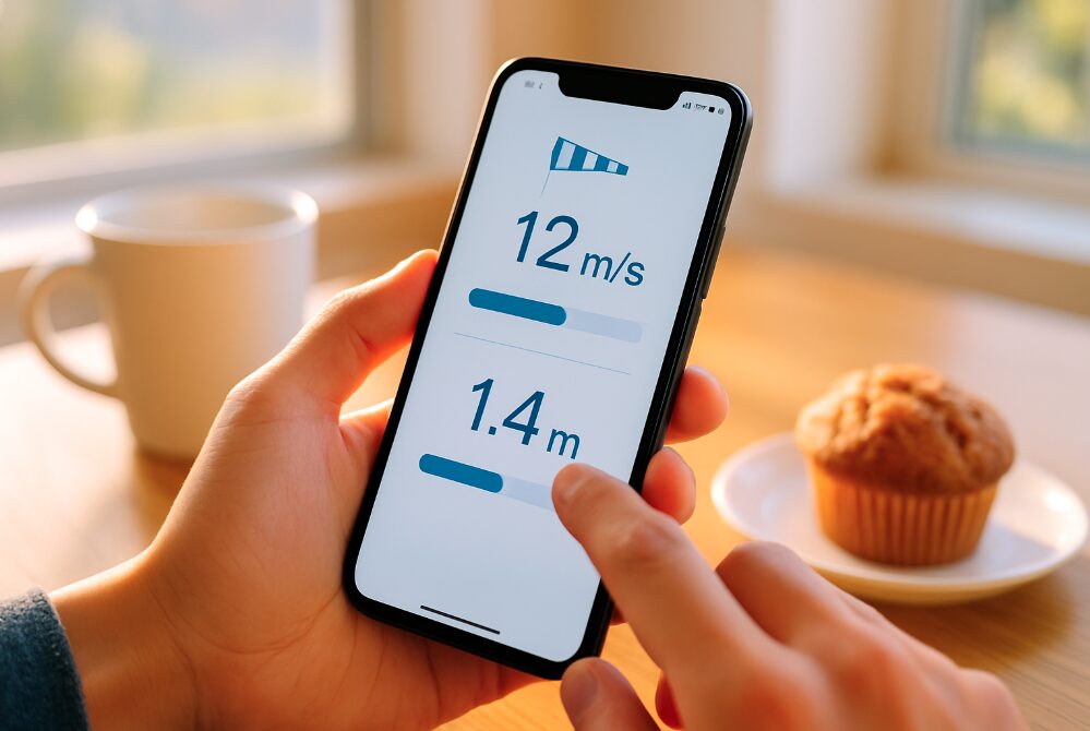 日本人がスマートフォンの運行情報画面（風速や波高のデータ）をチェックしている早朝の手元。猿島フェリーの運航可否を事前に確認する重要性を示す。