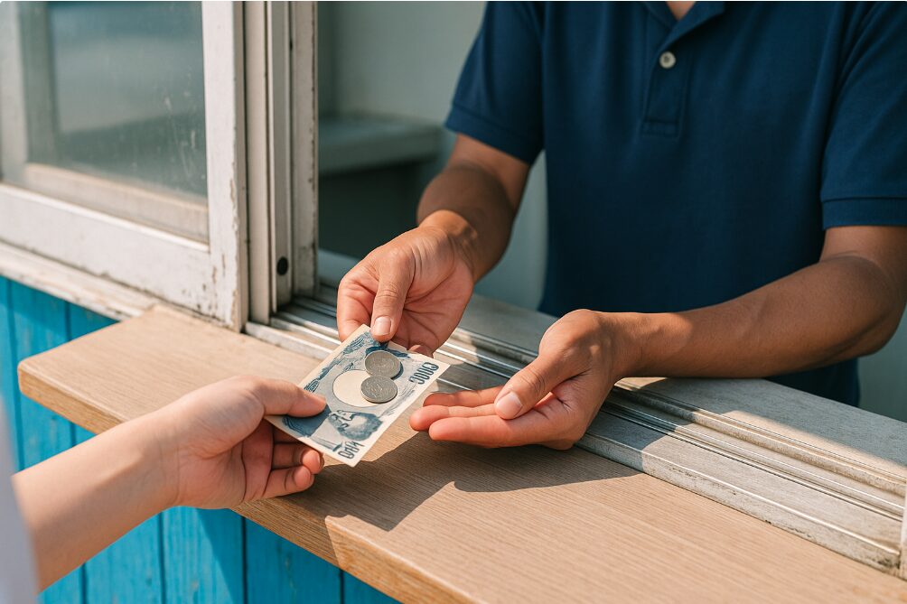 日本人の手が、遊覧船のチケット売り場の窓口で現金（小銭と千円札）を支払っているクローズアップ。周りにキャッシュレス決済のマークは無い。