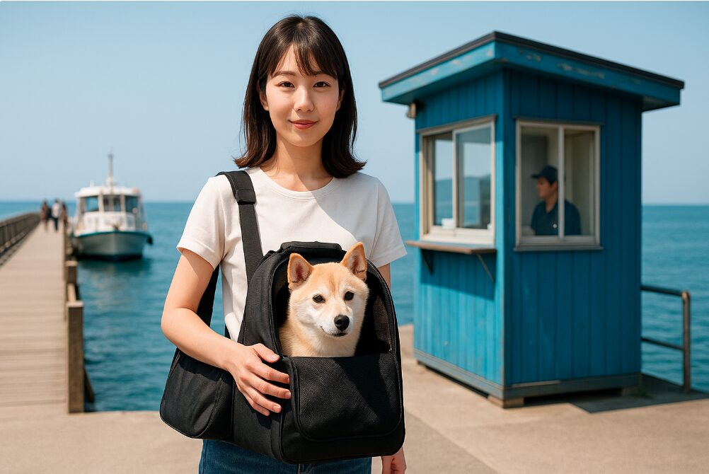 日本人女性が、小型犬を全身がすっぽりと入るキャリーバッグ（ケージ）に入れた状態で、遊覧船の乗り場付近に立っている様子。