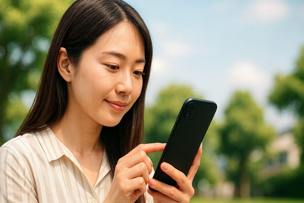 日本人女性がスマートフォンの画面を見て、江の島べんてん丸の運航状況（全便運航・終日欠航など）の情報をチェックしている様子。背景は明るい屋外。