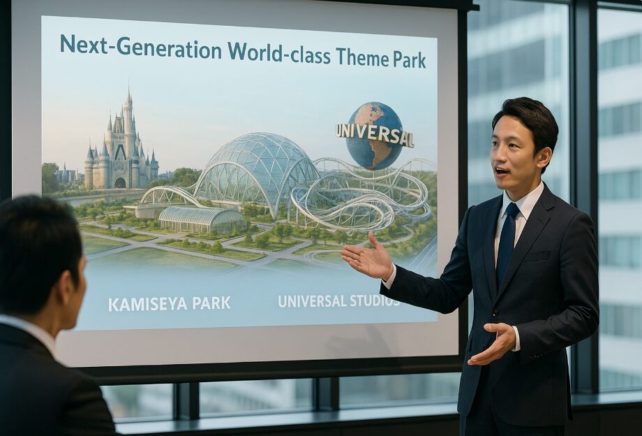 日本人男性ビジネスマンが指し示す説しているポーズ