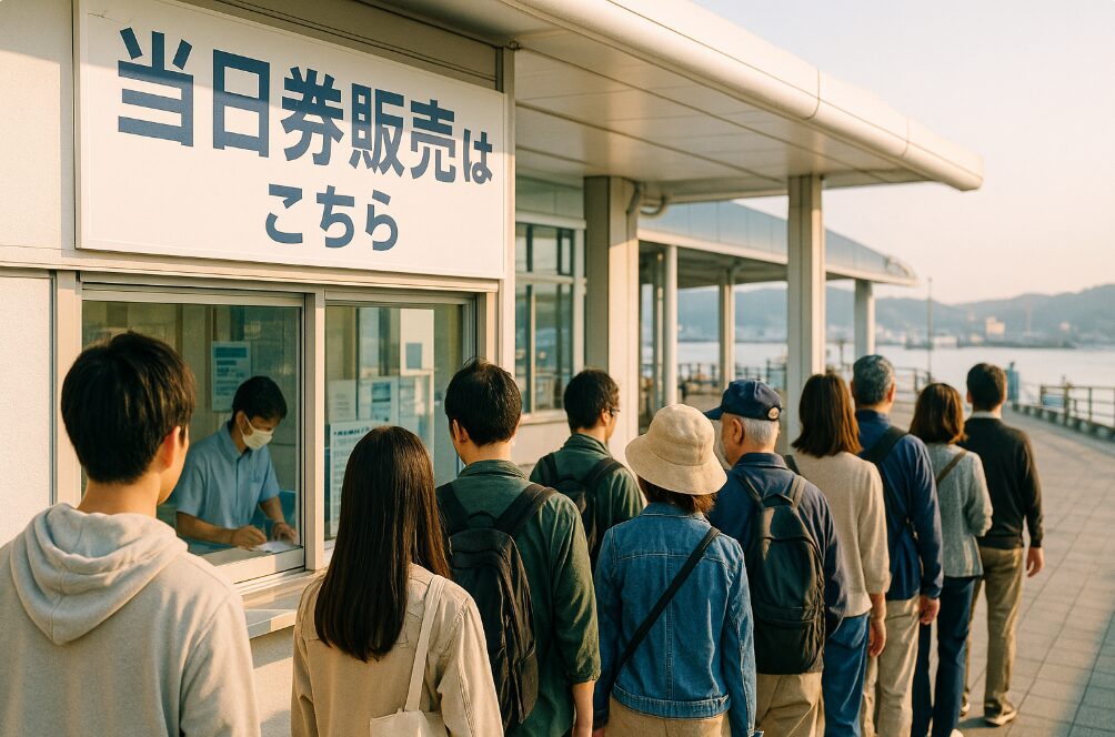 早朝の汐入ターミナルで、横須賀軍港めぐりの当日券を求めて列に並ぶ人々。看板には「当日券販売はこちら」と表示されている。