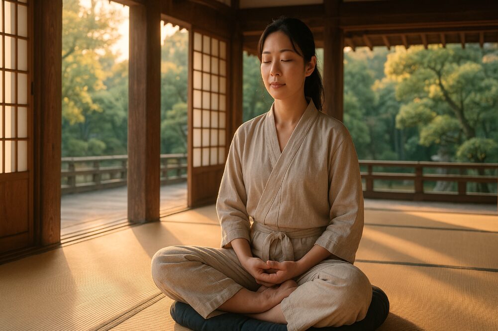 早朝の禅寺で静かに坐禅体験をする日本の大人の女性。心の静寂とデトックスを表現した画像。