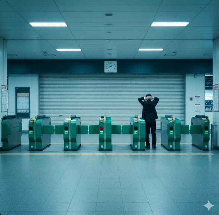 早朝の誰もいない新横浜駅の新幹線改札内で、まだシャッターが閉まっているお土産売り場の静かな風景。