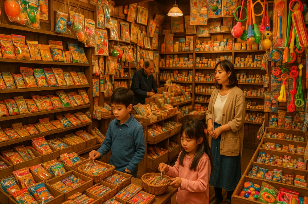 昔懐かしい昭和の駄菓子やおもちゃが所狭しと並ぶ駄菓子屋の店内風景