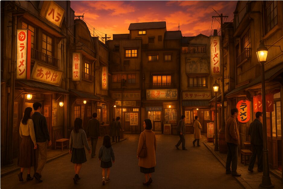 昭和30年代の街並みと夕焼けの空が広がる新横浜ラーメン博物館のノスタルジックな館内