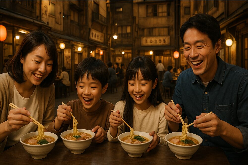 昭和レトロな街並みを再現した新横浜ラーメン博物館の内部で、ミニラーメンを食べ比べながら楽しむ家族連れの様子