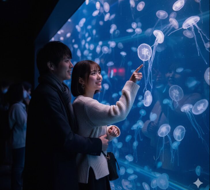 昼間に新江ノ島水族館でクラゲの展示を楽しむ日本人カップル。