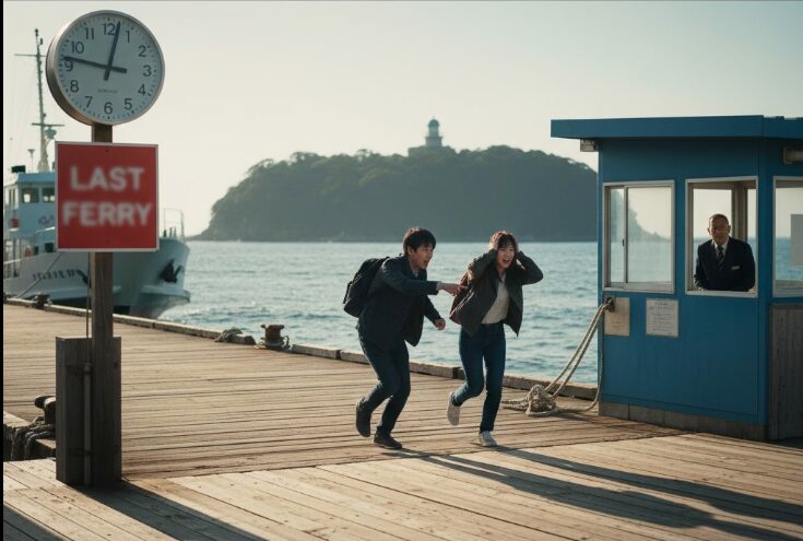 時計の針が午後2時30分を指しており、近くに「最終便」という警告のサインがぼかして見える。日本人観光客が急いで乗り場に向かう様子