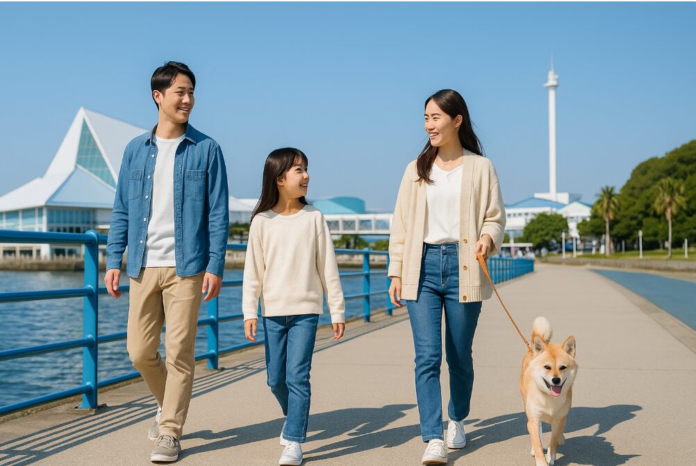 晴れた日に八景島シーパラダイスの海辺を犬連れで散歩する日本人家族のイメージ