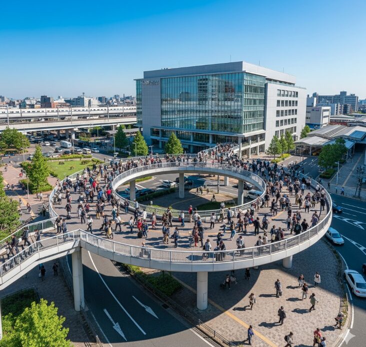 晴れた日の新横浜駅前の広場を上空から見た景色。多くの人々が歩き回り、活気に満ちている。キュービックプラザ新横浜の建物が背景に見える。