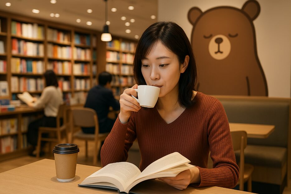 書店に併設された「クマカフェ」で、購入前の本を試し読みしながらコーヒーを飲む様子。