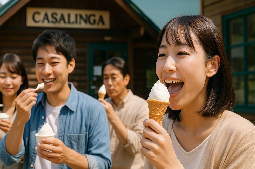 服部牧場の「アイスクリーム工房 CASALINGA（カサリンガ）」で濃厚なミルクジェラートを味わう人々