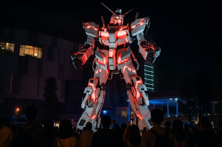 東京お台場の実物大ユニコーンガンダム立像。夜間にデストロイモードで赤く発光しており、多くの観光客が見上げている。