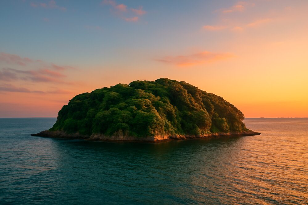 東京湾に浮かぶ自然豊かな猿島の全景。