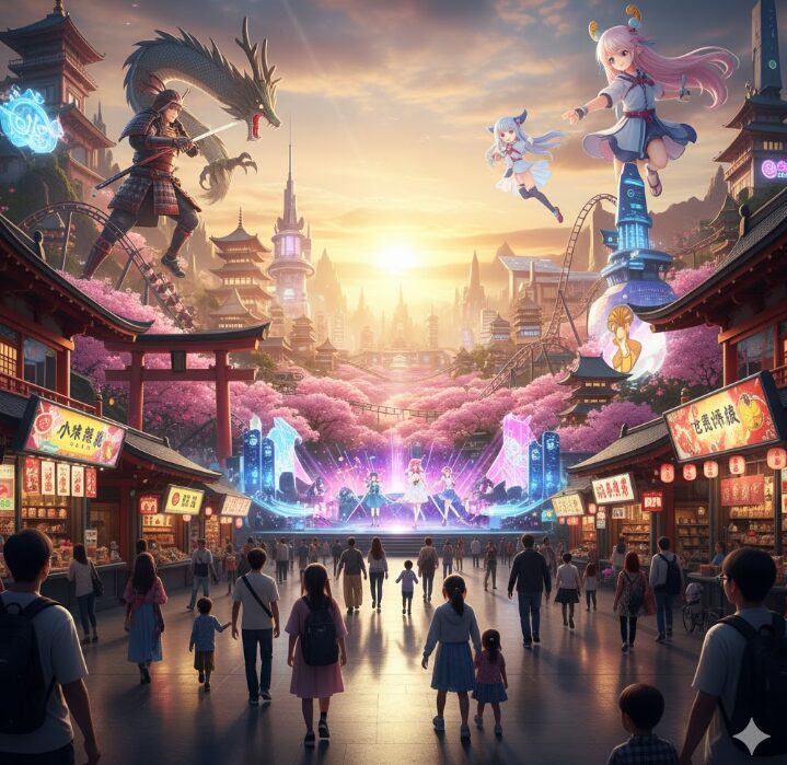 桜が満開の日本の街並みをモチーフにしたテーマパークで、アニメキャラクターや伝統的な日本の要素