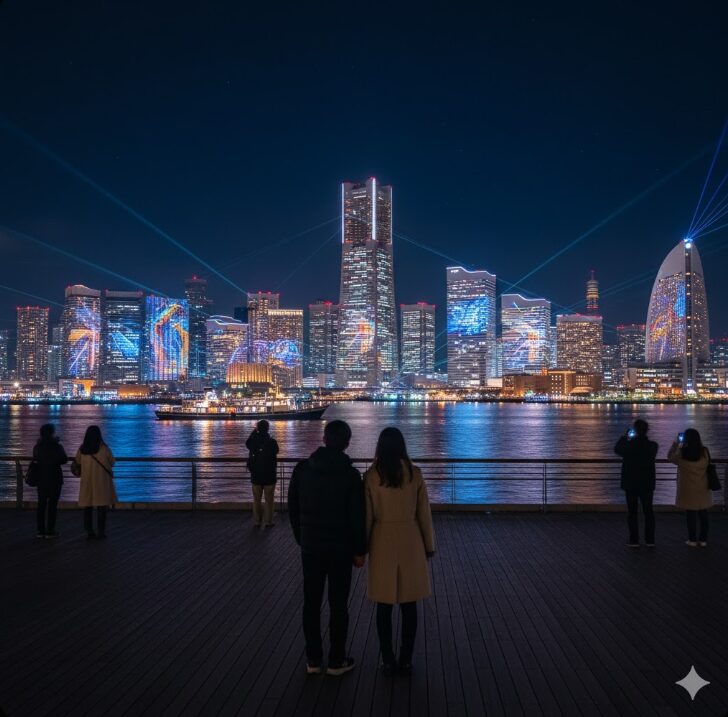 横浜の「ヨルノヨ」イルミネーションを大さん橋から眺める日本人カップル