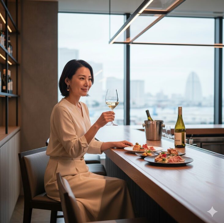 横浜のおしゃれなバルのカウンター席で、一人で白ワインとタパスを楽しむ日本人女性