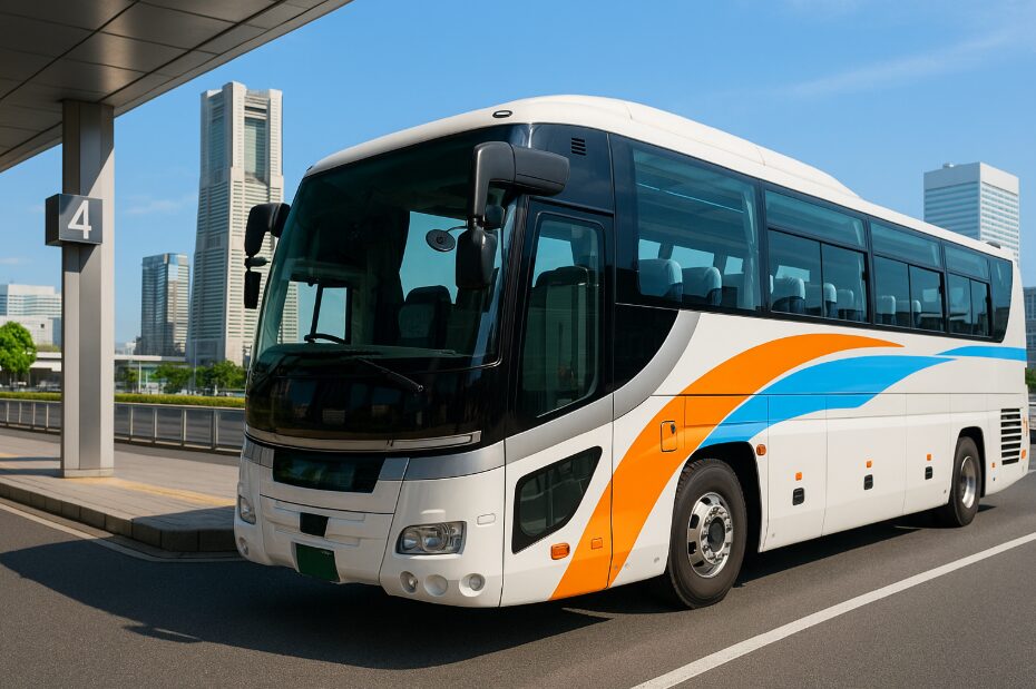横浜のバスターミナルに停車する日帰りツアー用の観光バス