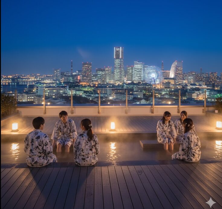 横浜みなとみらい万葉倶楽部の展望足湯庭園で、浴衣を着た日本人グループ