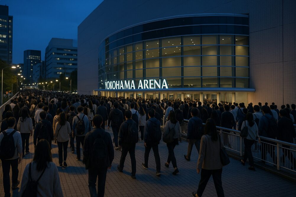 横浜アリーナの壮大な外観と、そこへ向かう多くの人々が歩道橋を渡る様子。