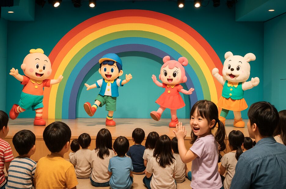 横浜アンパンマンミュージアムのメインショーで踊るキャラクターと集まった多くの観客