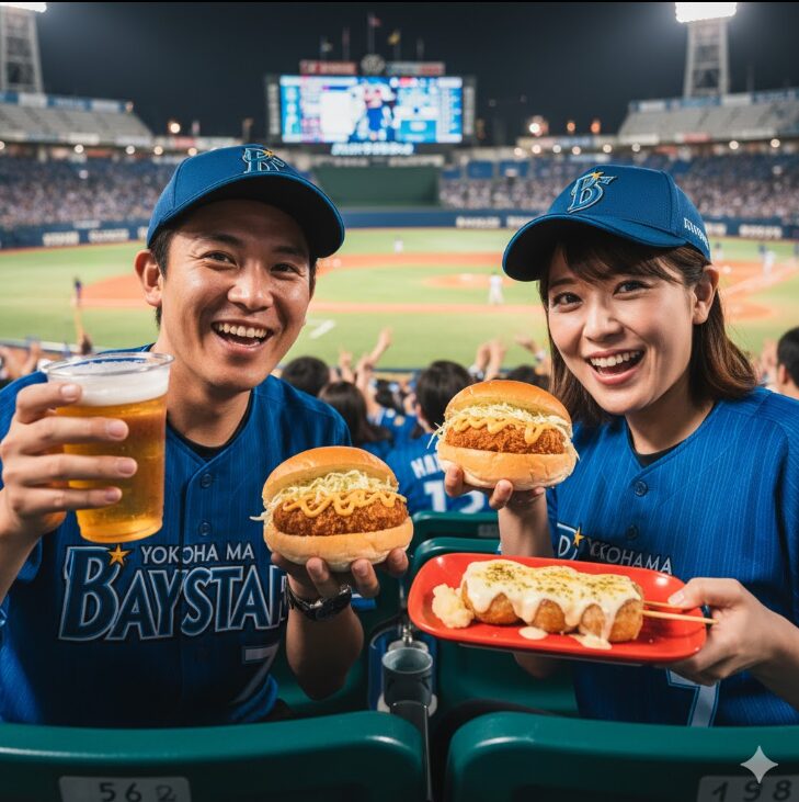 横浜スタジアム（ハマスタ）の野球観戦中に、「シウマイメンチパン」などの限定グルメとビールを楽しむファン（日本人）の様子。