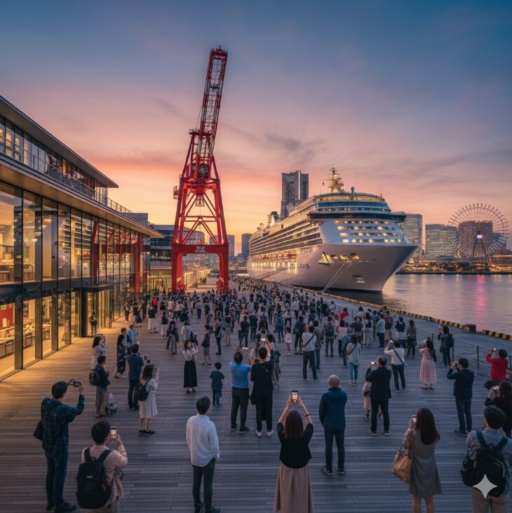 横浜ハンマーヘッドに停泊する大型クルーズ船と、それを写真に収める多くの人々。夕暮れ時で、みなとみらいの観覧車も見えている。