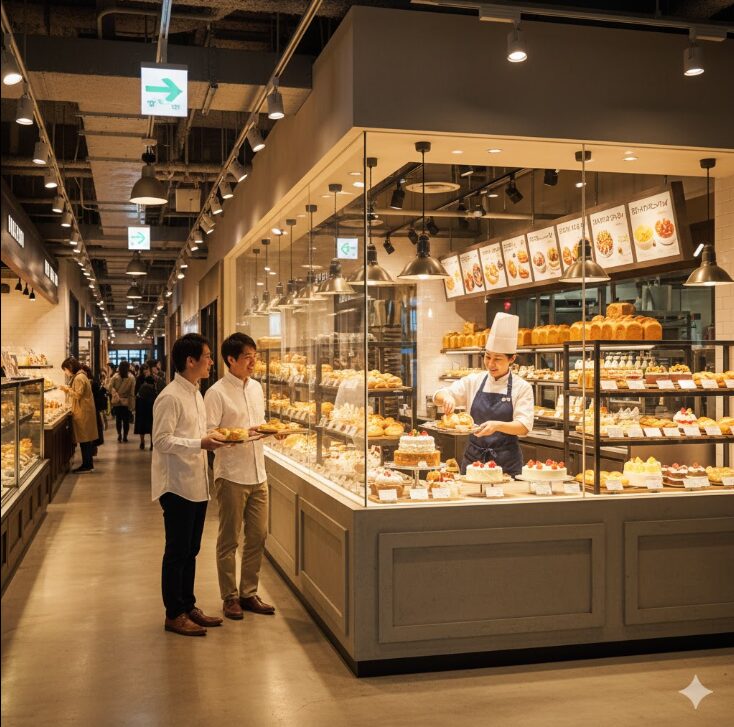 横浜ハンマーヘッド内の商業施設で、焼きたてのパンやスイーツが並ぶ店舗。シェフがケーキを準備し、客が品定めをしている。