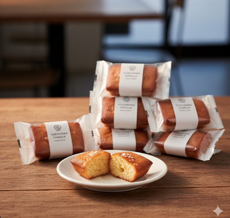横浜バニラの人気商品「塩バニラフィナンシェ」が、おしゃれな個包装の横に並べられ、しっとりとした質感が伝わる。