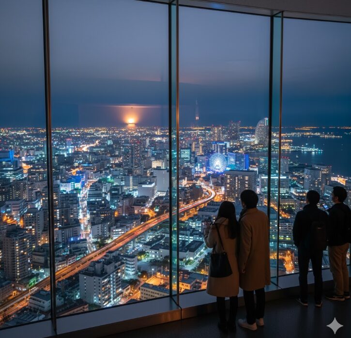 横浜ランドマークタワーの展望フロア「スカイガーデン」から、空気が澄んだ冬の夜景を一望する日本人カップル。