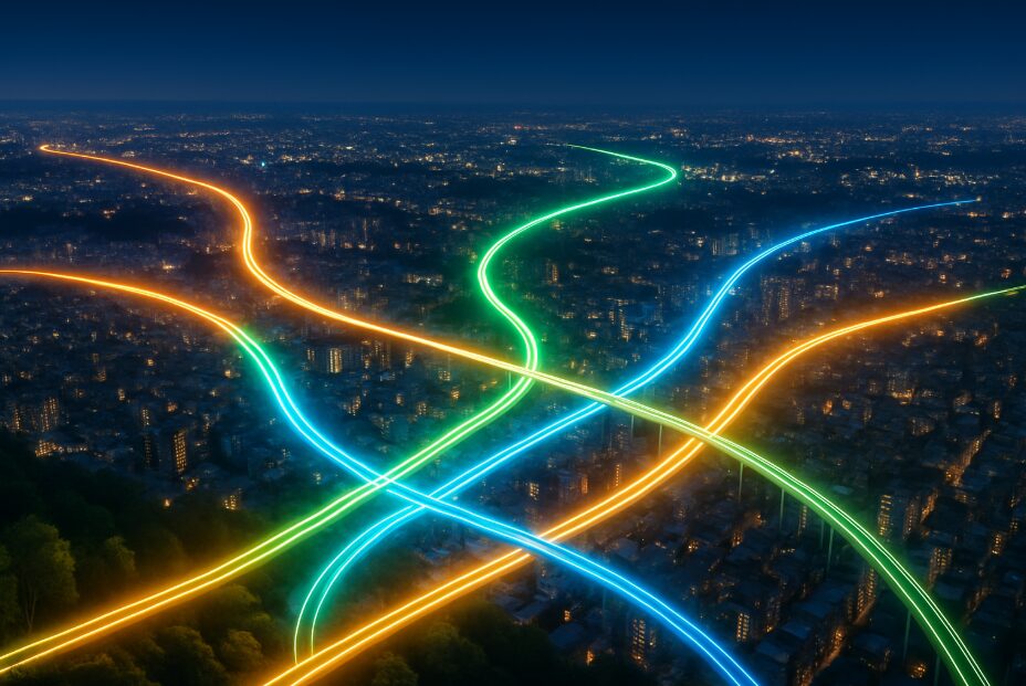 横浜・町田エリアの地図上に複数の鉄道路線計画が光の線で示された未来の交通ネットワーク図」